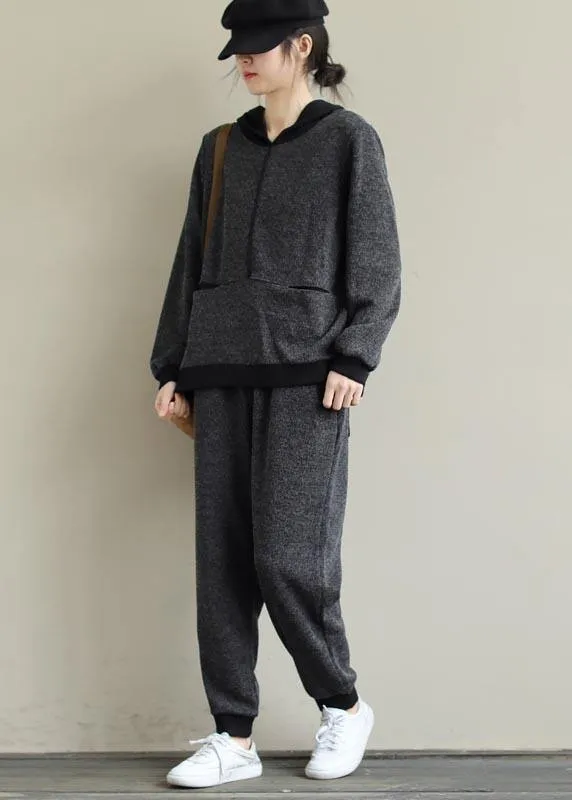 Art Loose Gray Color Matching Hooded Sweater And Elastic Pants Casual Suit