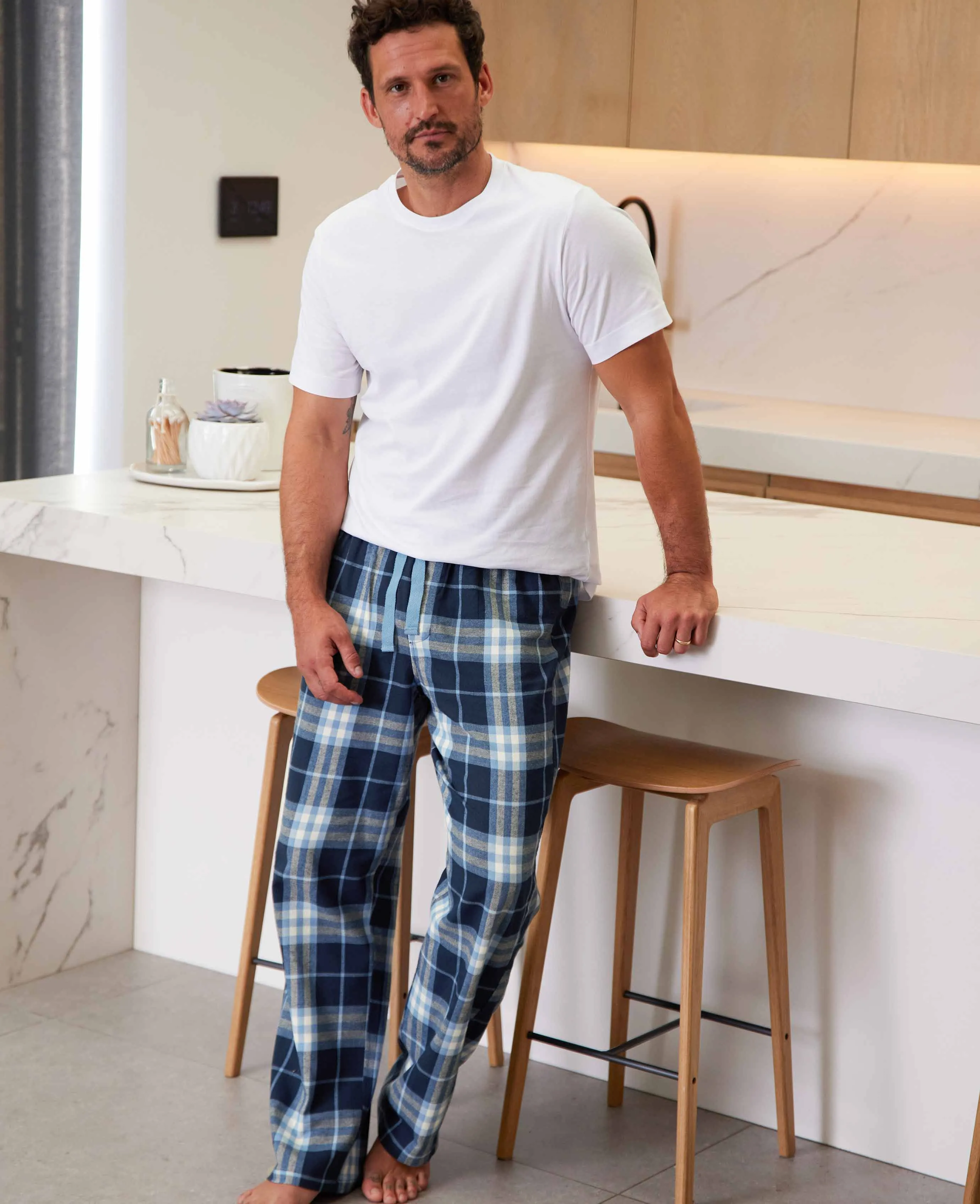 Blue Check Brushed Cotton Lounge Pants