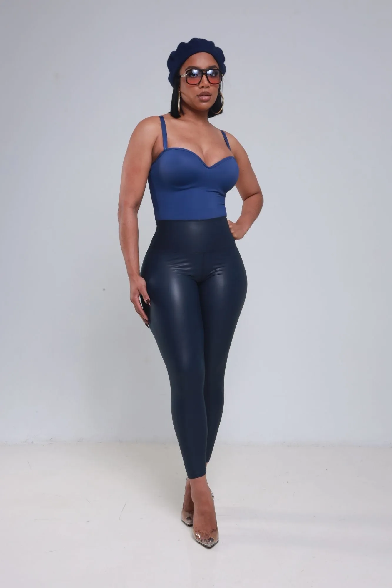 Detox High Rise Faux Leather Leggings - Navy