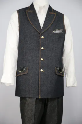 Faux Leather Accents Denim  2pc  Zoot Suit Vest Set