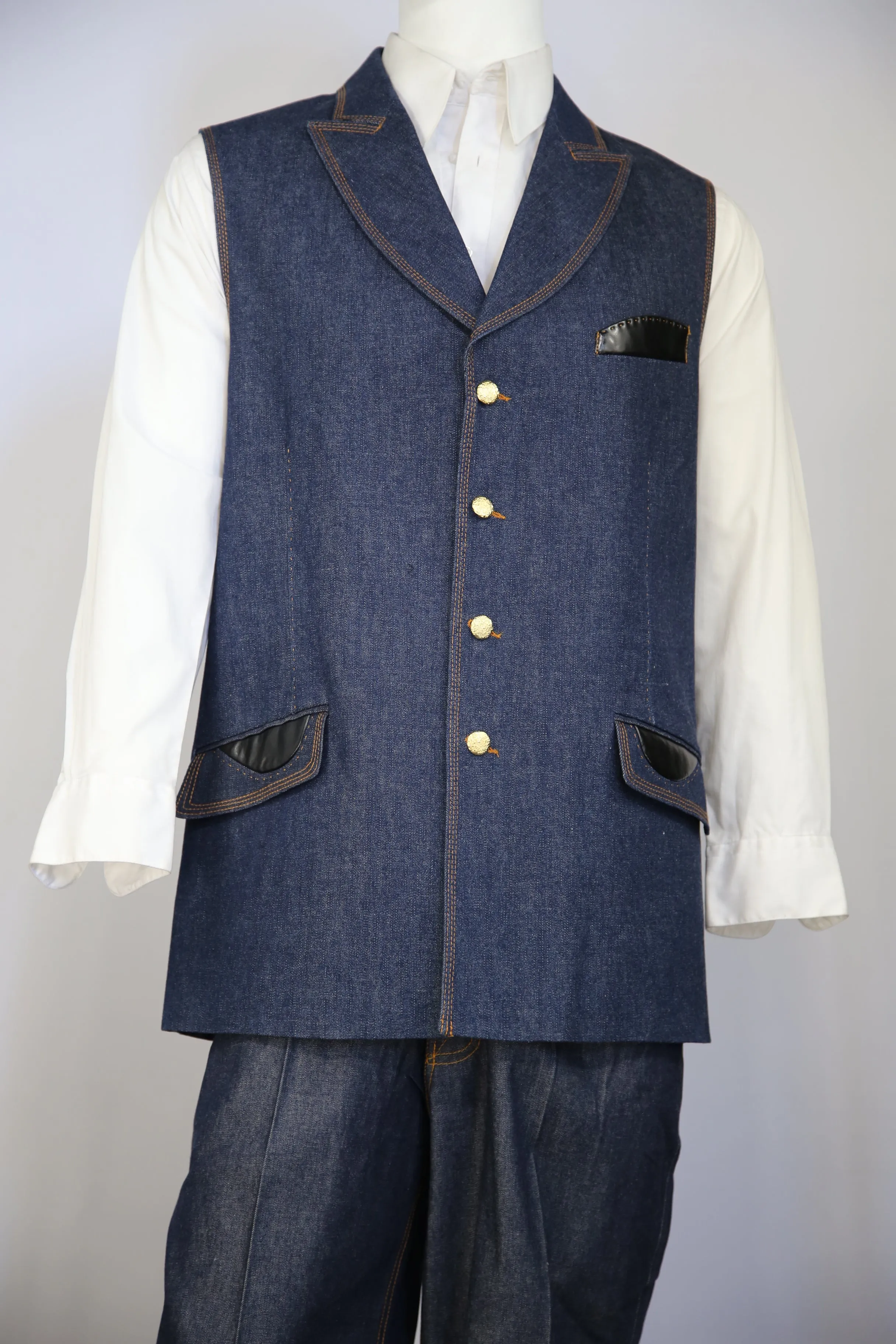 Faux Leather Accents Denim  2pc  Zoot Suit Vest Set