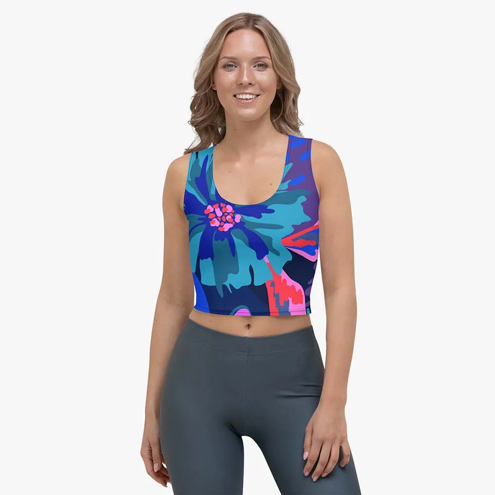 Floral Crop Top "Flower Splash" Blue/Fuchsia