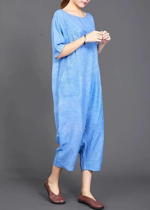 French cotton jumpsuit pants fine blue Solid Color Casual Loose Comfortable Jumpsuit