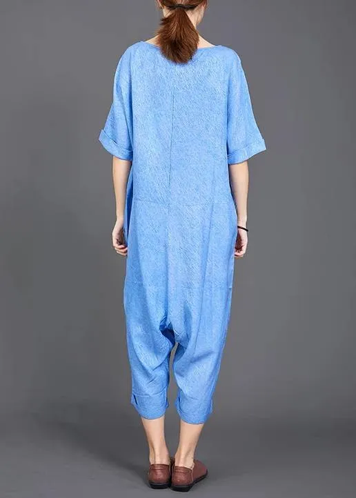 French cotton jumpsuit pants fine blue Solid Color Casual Loose Comfortable Jumpsuit