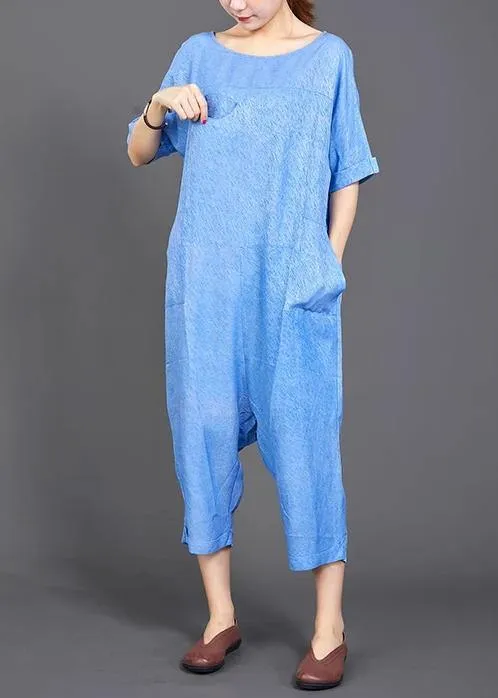 French cotton jumpsuit pants fine blue Solid Color Casual Loose Comfortable Jumpsuit