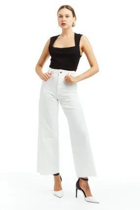 High Rise Flat Front Ankle Wide Leg W Raw Hem