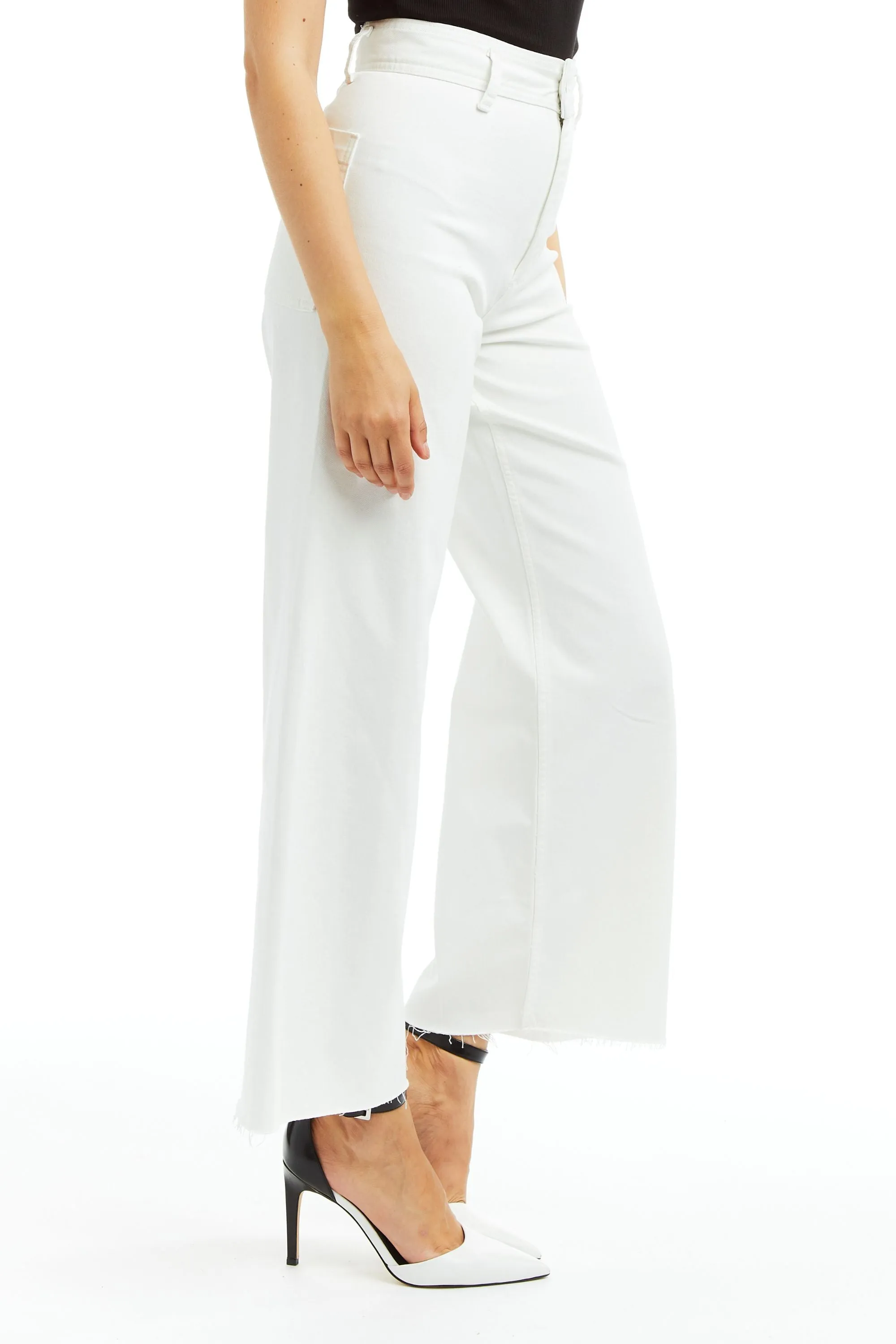 High Rise Flat Front Ankle Wide Leg W Raw Hem