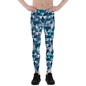 Men's Blue Geometric Triangles Mens Leggings - Moisture Wicking, Quick Drying, Compression Fit