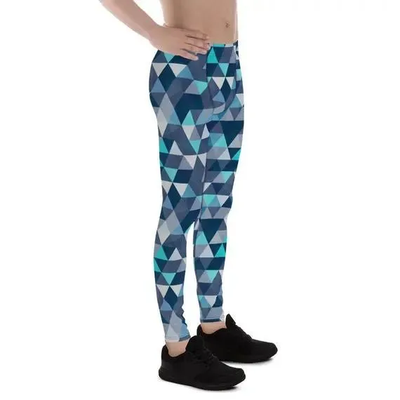 Men's Blue Geometric Triangles Mens Leggings - Moisture Wicking, Quick Drying, Compression Fit