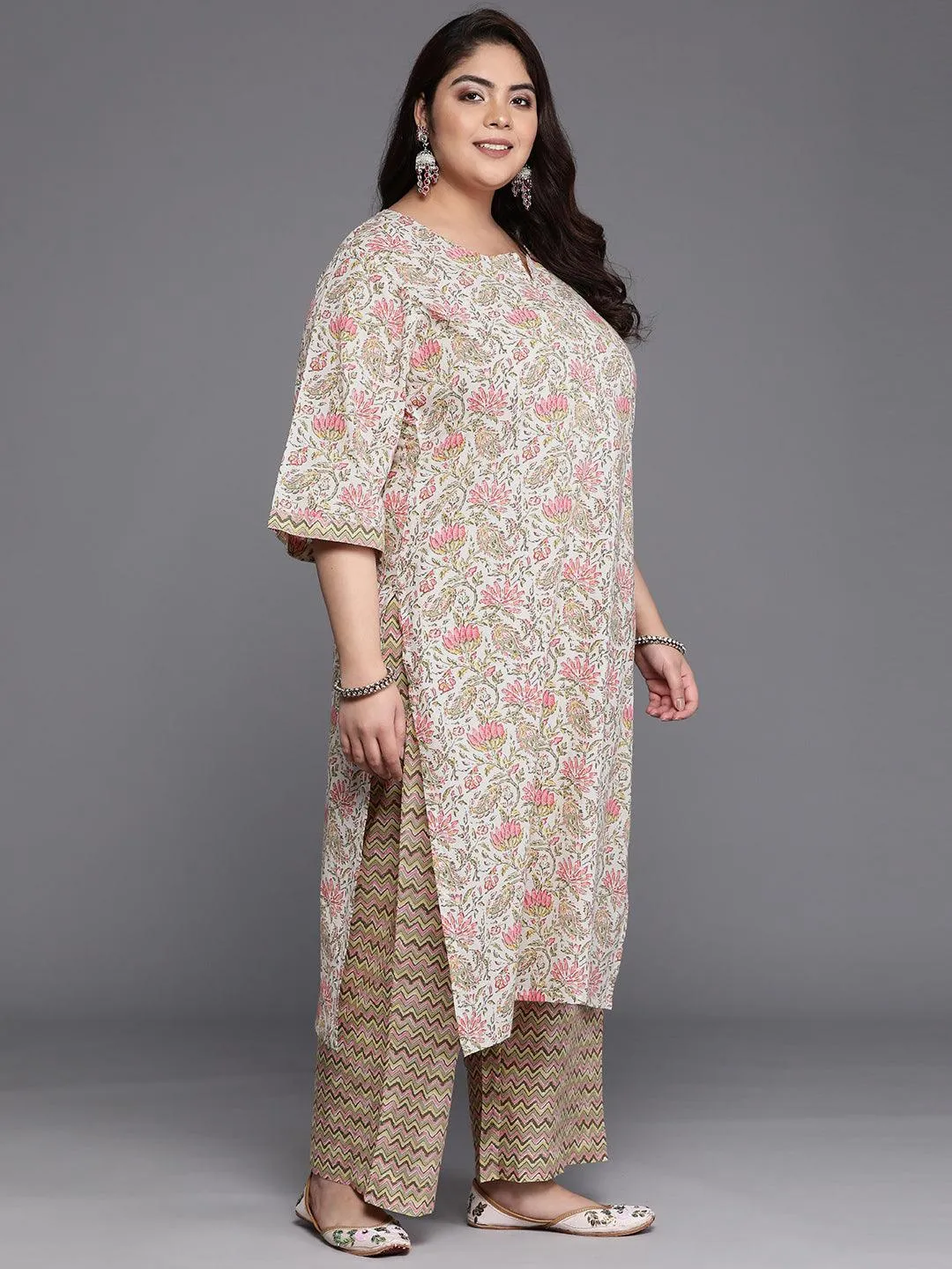 Plus Size Off-White Printed Cotton Straight Kurta With Trousers & Dupatta