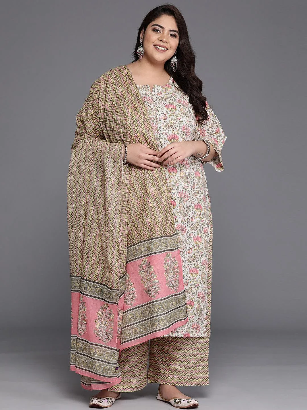 Plus Size Off-White Printed Cotton Straight Kurta With Trousers & Dupatta