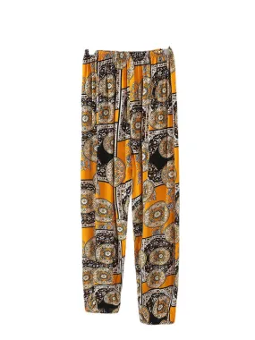 Plus Size Women Ethnic Print Bloomers Elastic Waist Tie Feet Home Pajama Pants