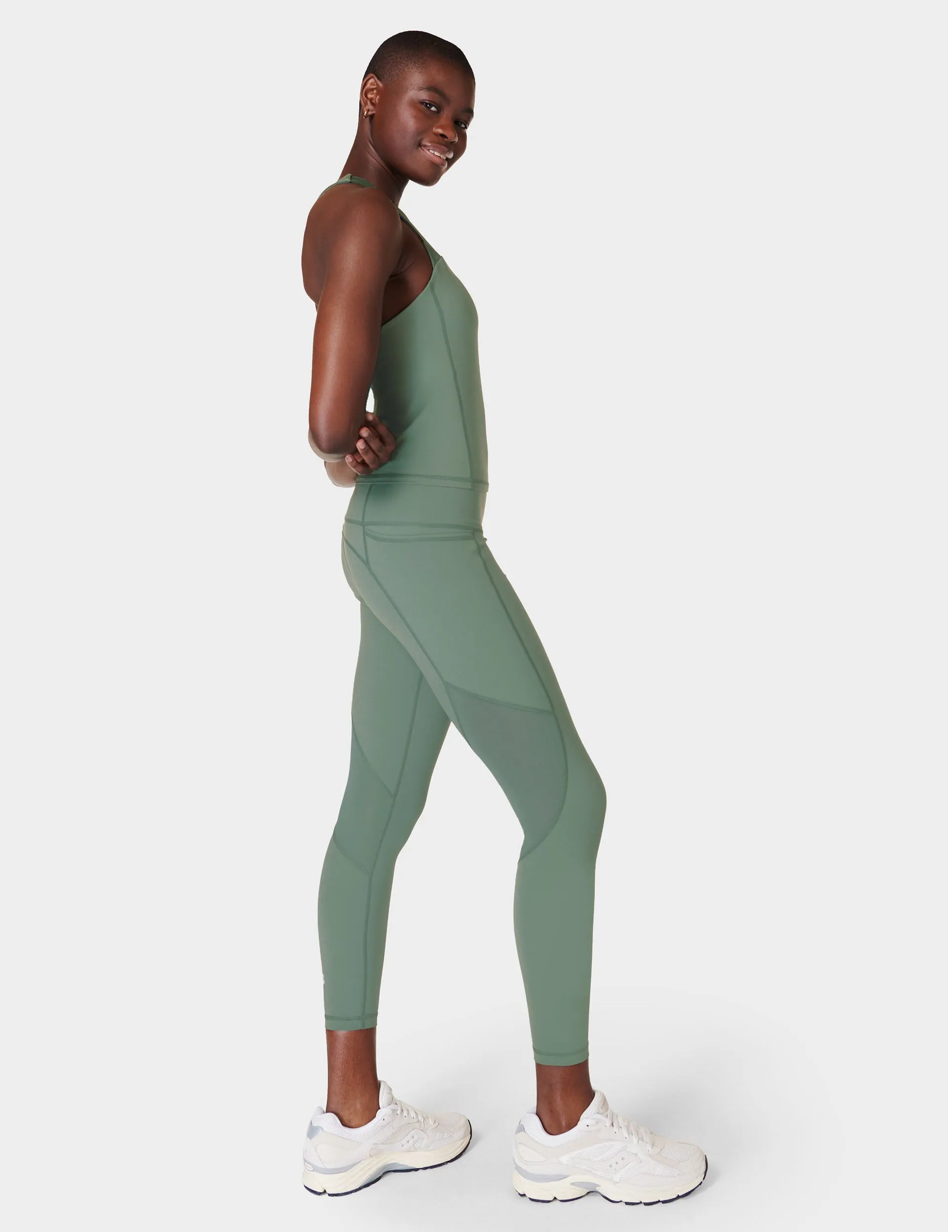 Power Aerial Mesh 7/8 Gym Leggings - Cool Forest Green