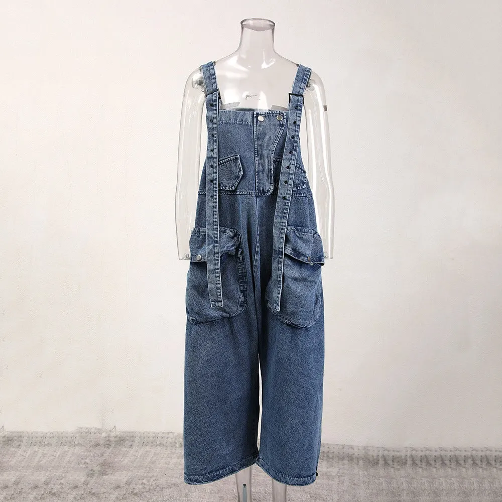 Pre Order:  Large 3D Pocket Shoulder Strap Denim Jumpsuit