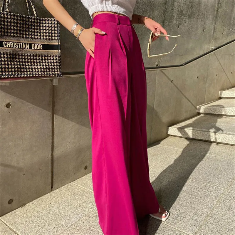 Wjczt Rose Red Loose High Waist Wide Leg Women 2022 Spring Autumn Casual Solid Straight Office Long Pants Female Trousers