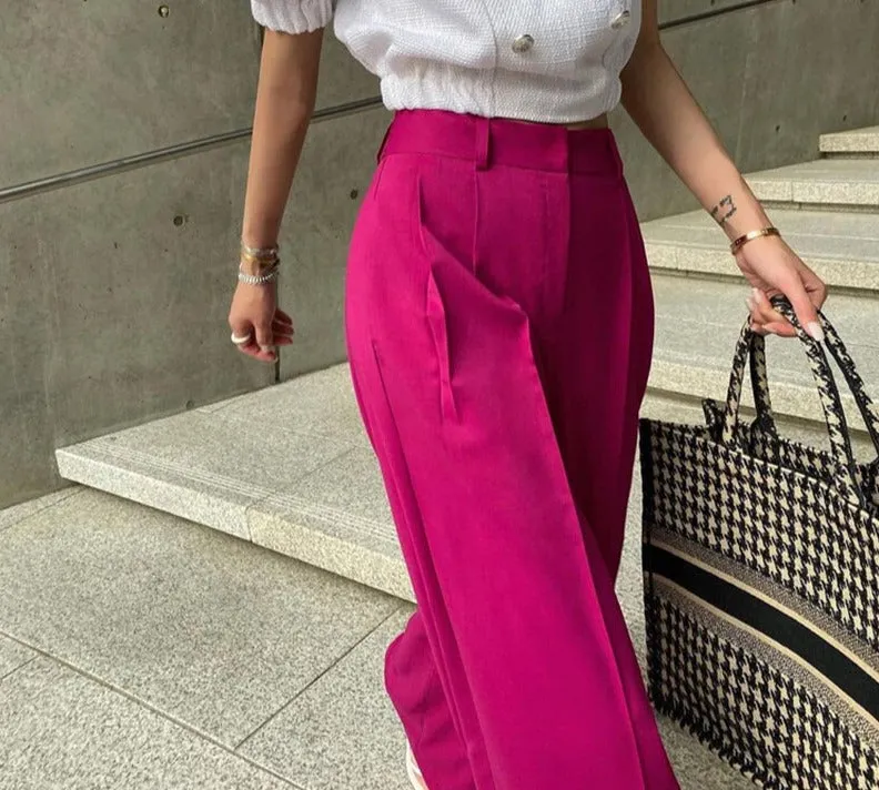 Wjczt Rose Red Loose High Waist Wide Leg Women 2022 Spring Autumn Casual Solid Straight Office Long Pants Female Trousers