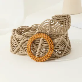 Women's Khaki Boho Braided Wooden Buckle Belt