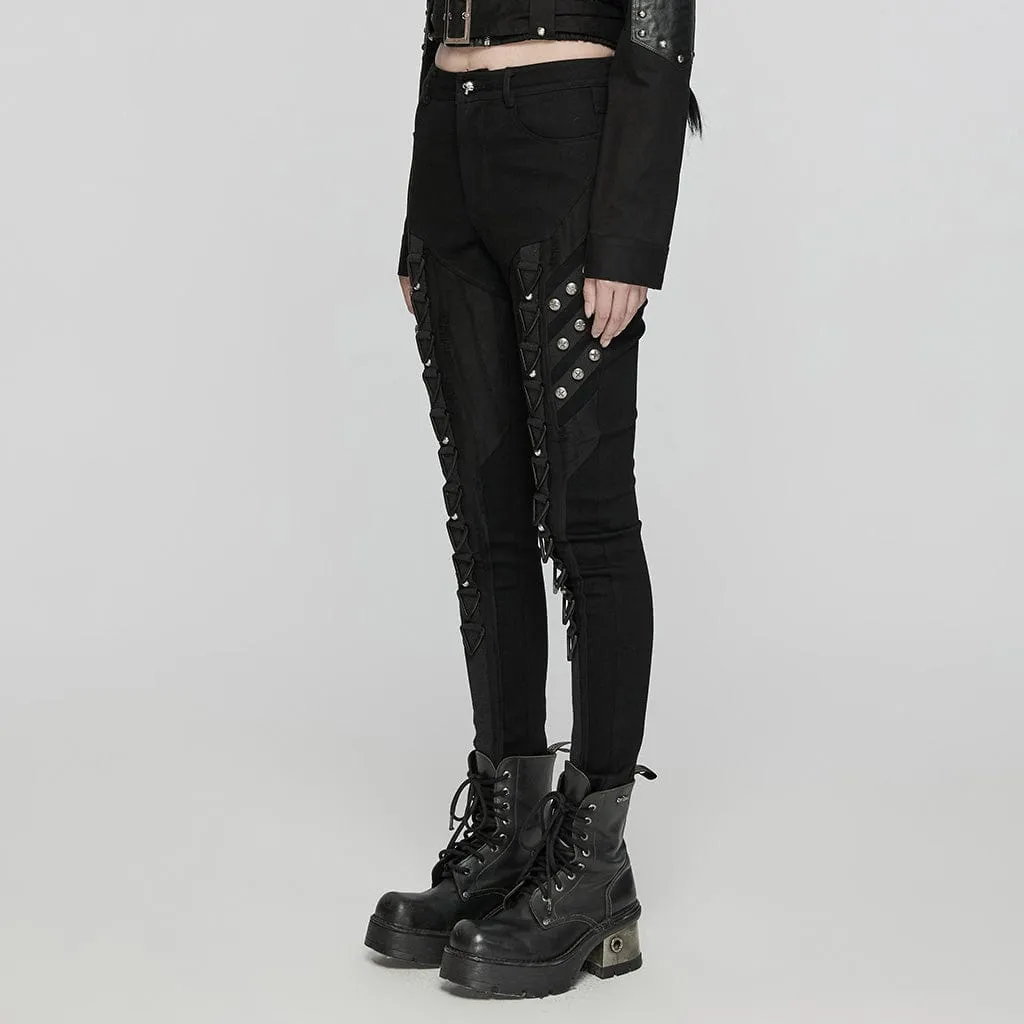 Women's Punk Triangular Buckle Splice Mesh Pants