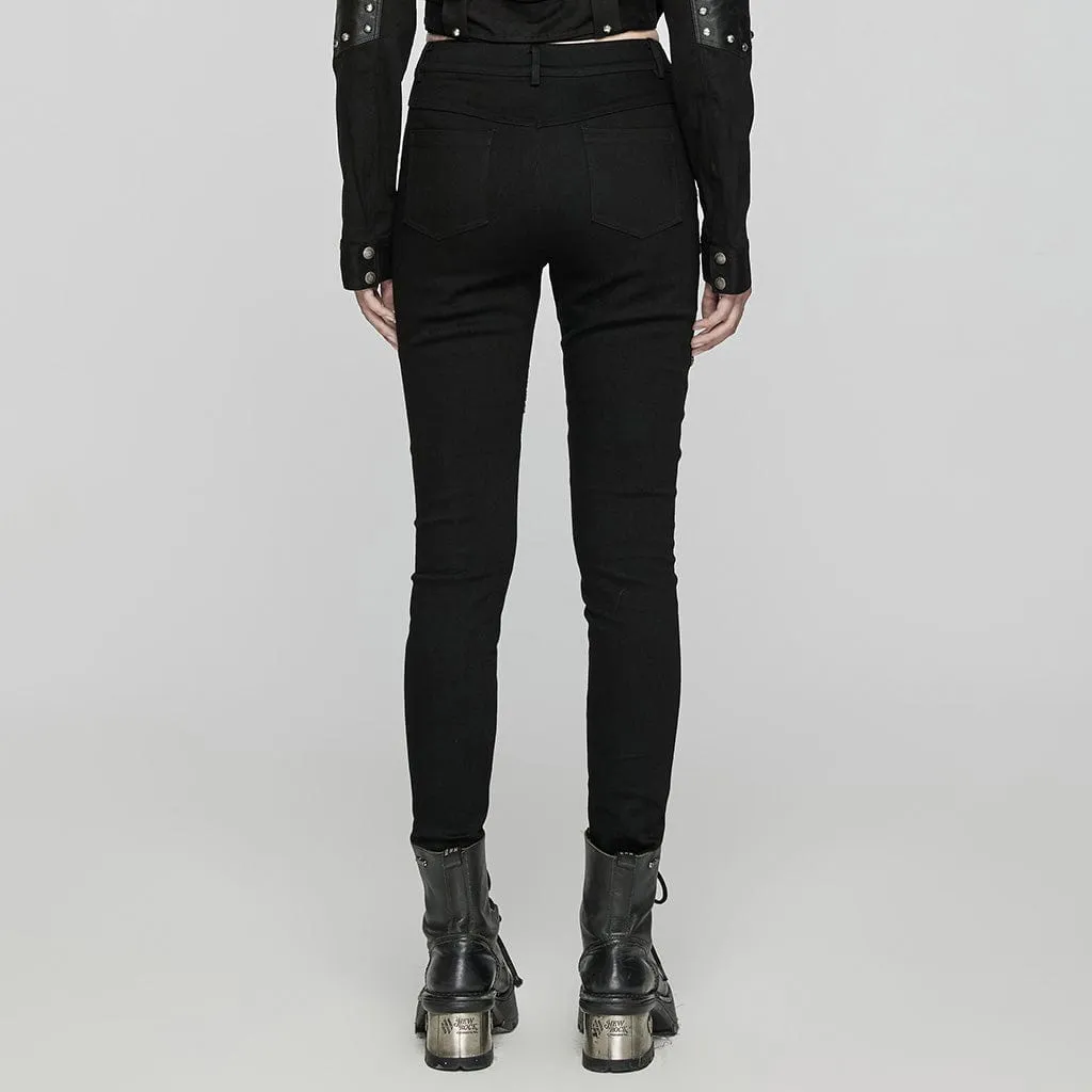 Women's Punk Triangular Buckle Splice Mesh Pants