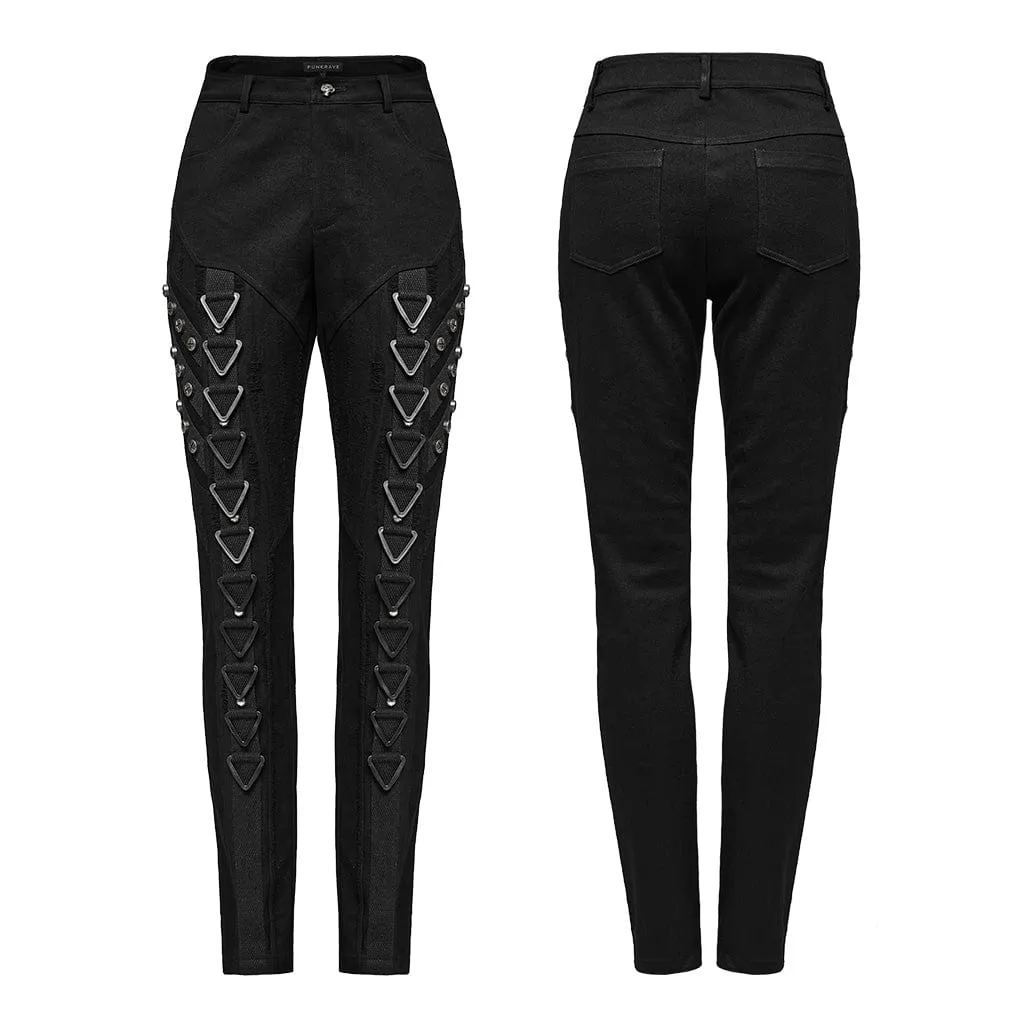 Women's Punk Triangular Buckle Splice Mesh Pants